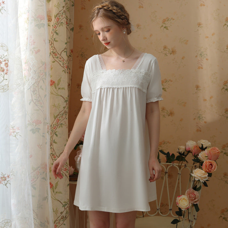 French Lace Cotton Thin Short Sleeve Nightdress