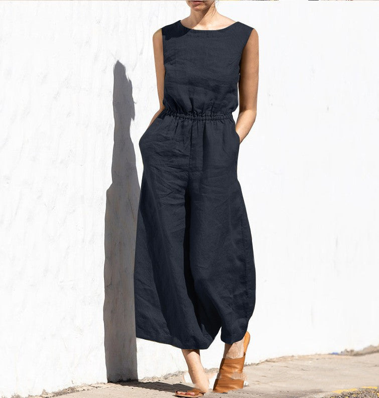 Solid Color Crew Neck Loose Casual Jumpsuit