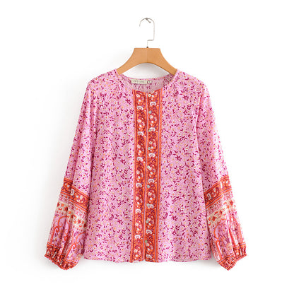 Spring Women's Purple Floral Long-sleeved Shirt