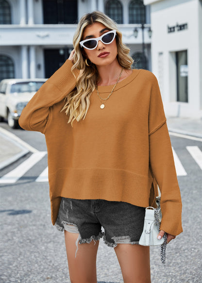 Round Neck Women's Knitwear Bell Sleeve Solid Color Sweater