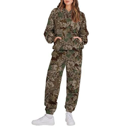 Women's 3 Camouflage Leaves Sports Hooded Long Sleeve Sweatshirt And Sweatpants Sets