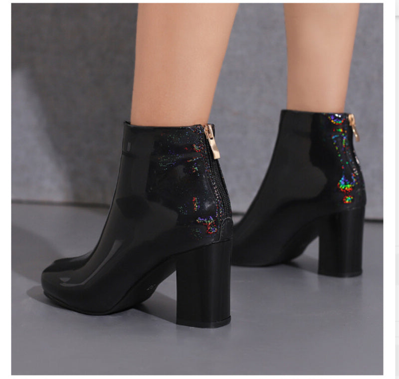 Botas de tobillo de color sólido para mujer Charol Tacón alto Moda