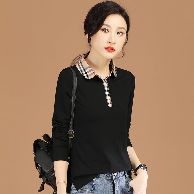 Plaid Stitching Long-sleeved T-shirt Women's Spring Korean Style Bottoming Shirt Top