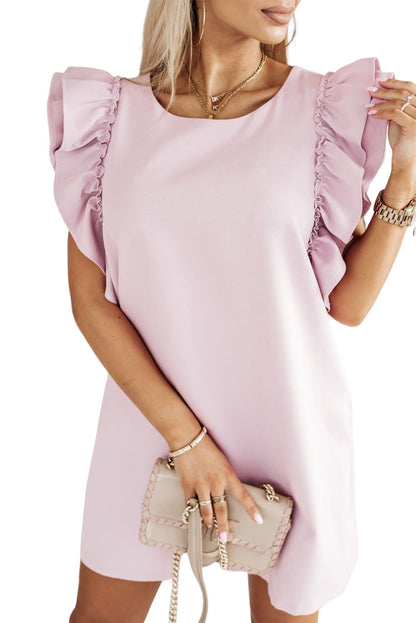 Pink Round Neck Ruffle Shift Mini Dress