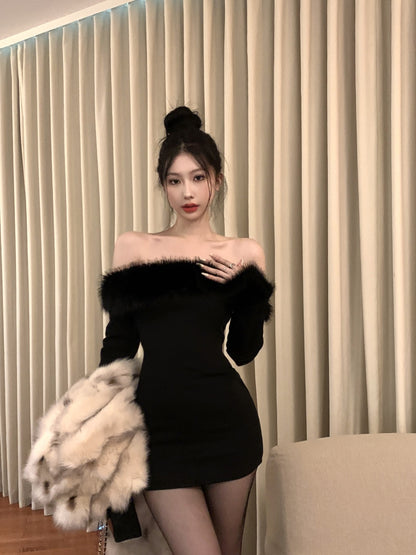 Stitching Off-shoulder Long Sleeve Dress Women