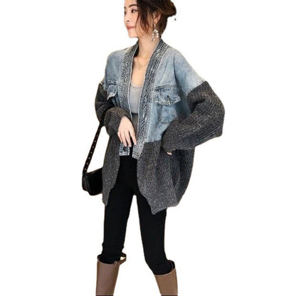 Design Stitching Denim Jacket Women's Knitted Cardigan