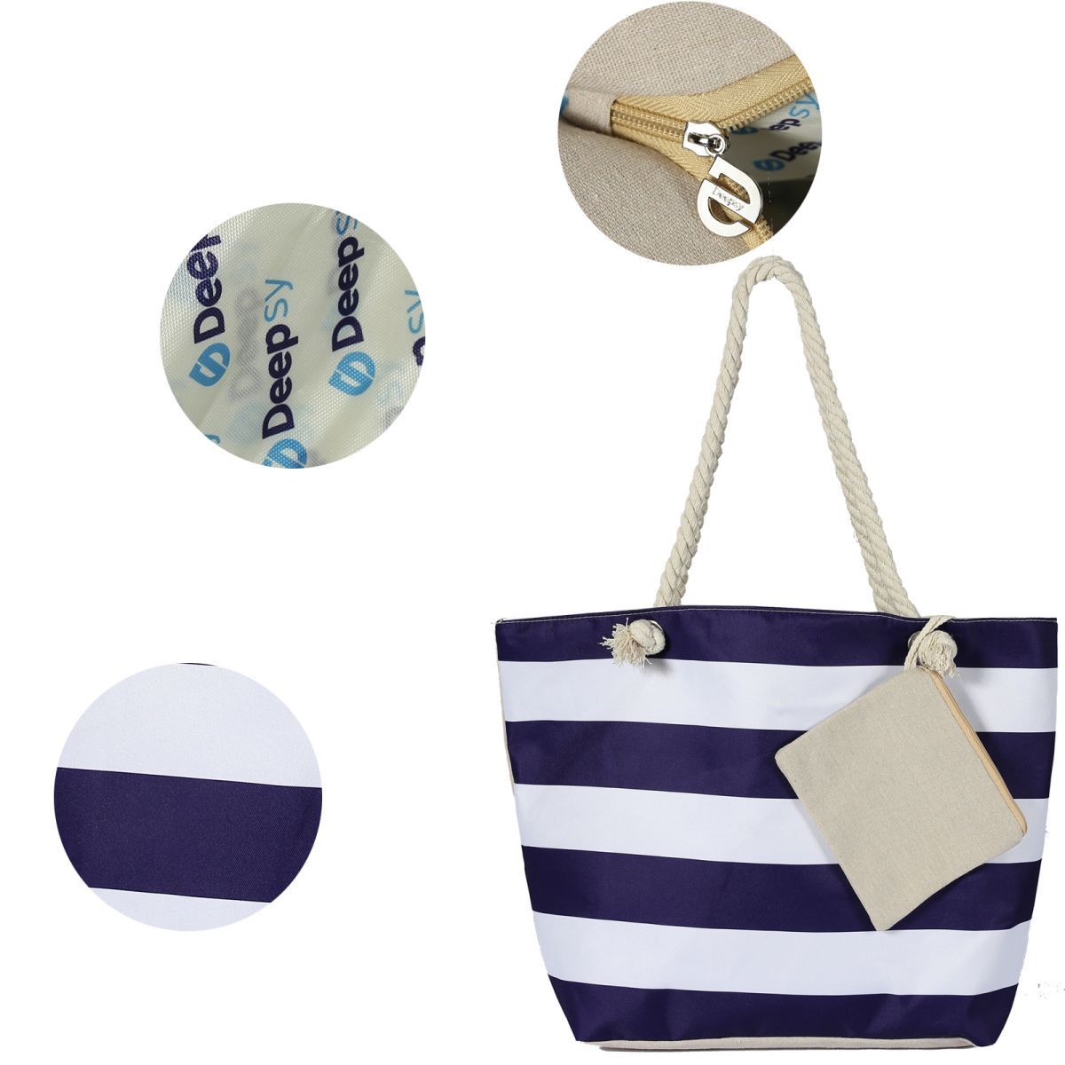 Bolsa de lona para playa para mujer, impermeable, grande, para viaje, con cremallera, reutilizable, para hacer la compra