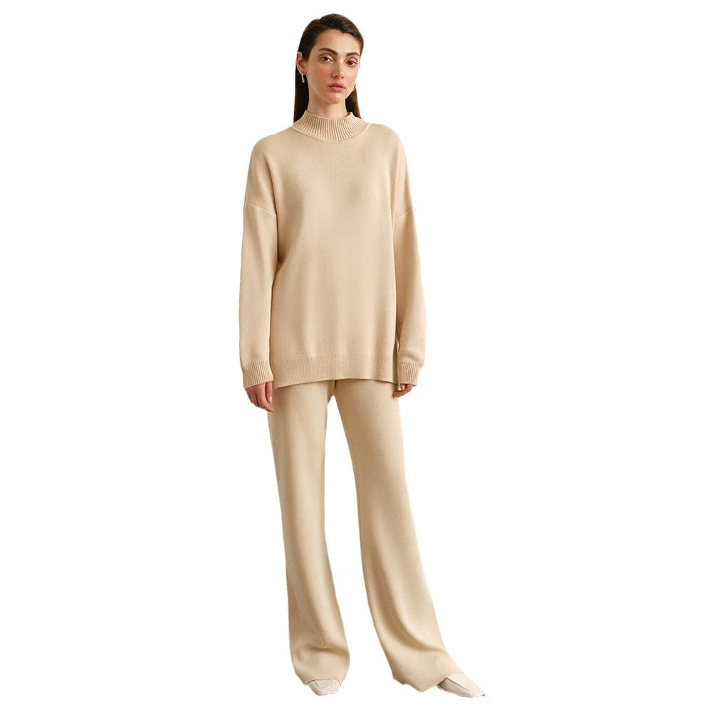 Women's Solid Color Knitted Turtleneck Slit Sweater Suit