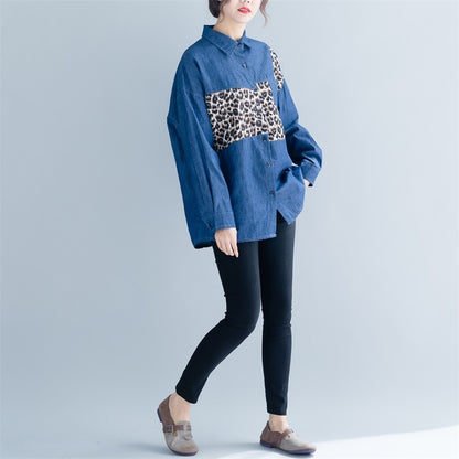 Leopard Print Stitching Western Style Was Thin Loose Long-sleeved Shirt Fat Women Covering Belly Big Size