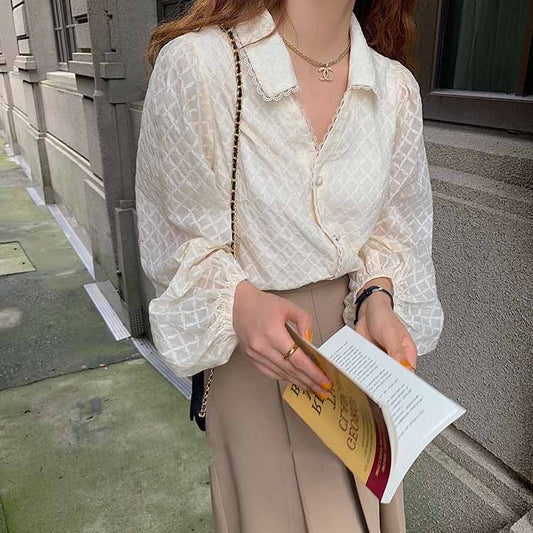 Women's Puff Sleeve V-Neck Lapel Lace Shirt