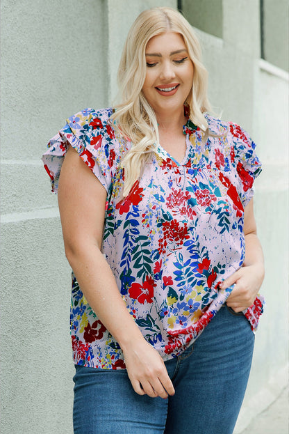 Blouse Florale Smockée à Manches Flutter de Grande Taille