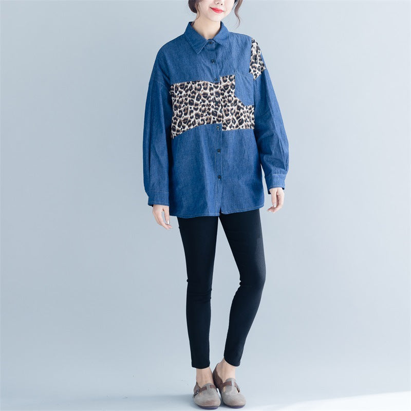 Leopard Print Stitching Western Style Was Thin Loose Long-sleeved Shirt Fat Women Covering Belly Big Size