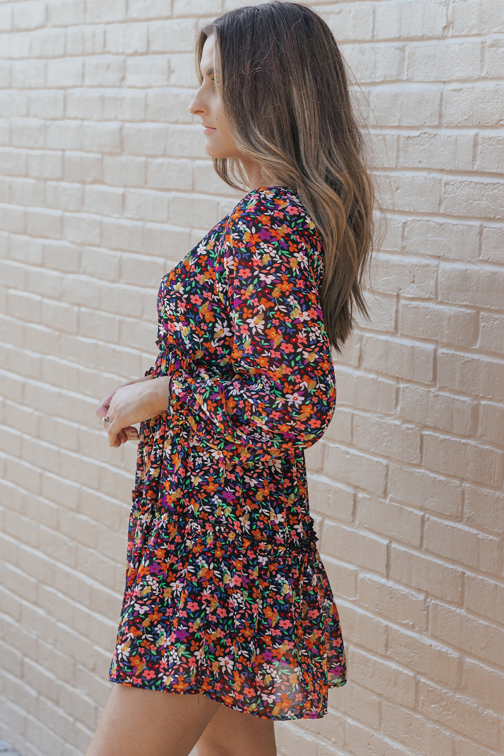 Wrapped V Neckline Long Sleeve Floral Dress