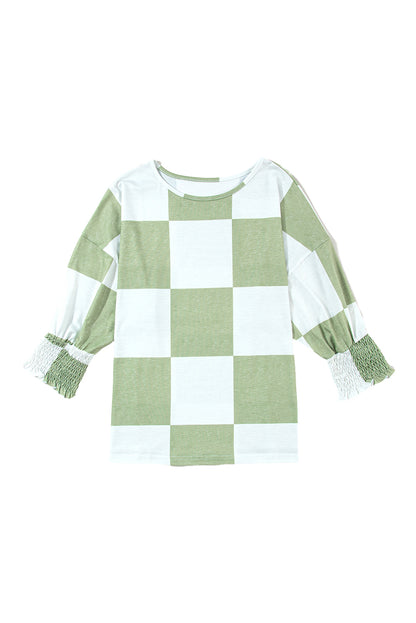 Blusa con puños fruncidos y estampado a cuadros en mezcla de verde hierba