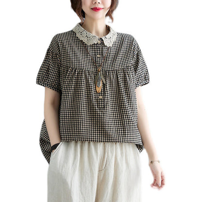 Ladies' Lace Lapel Cotton And Linen Plaid Shirt Short Sleeves