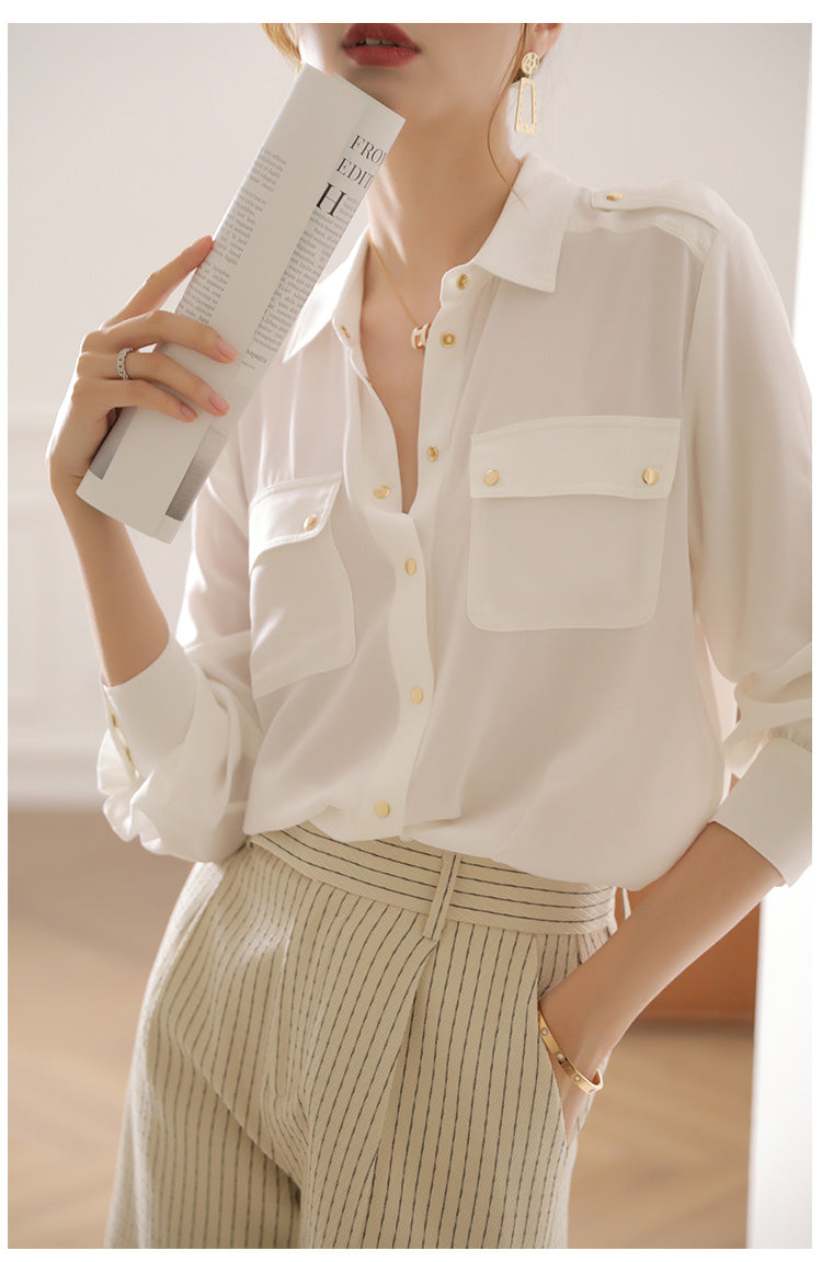 Women's Long-sleeved Solid Color  Silk Shirt