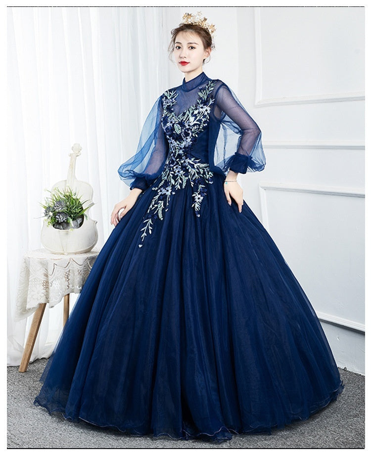 Long Sleeve Colored Mesh Student Vocal Music Host Performance Evening Dress