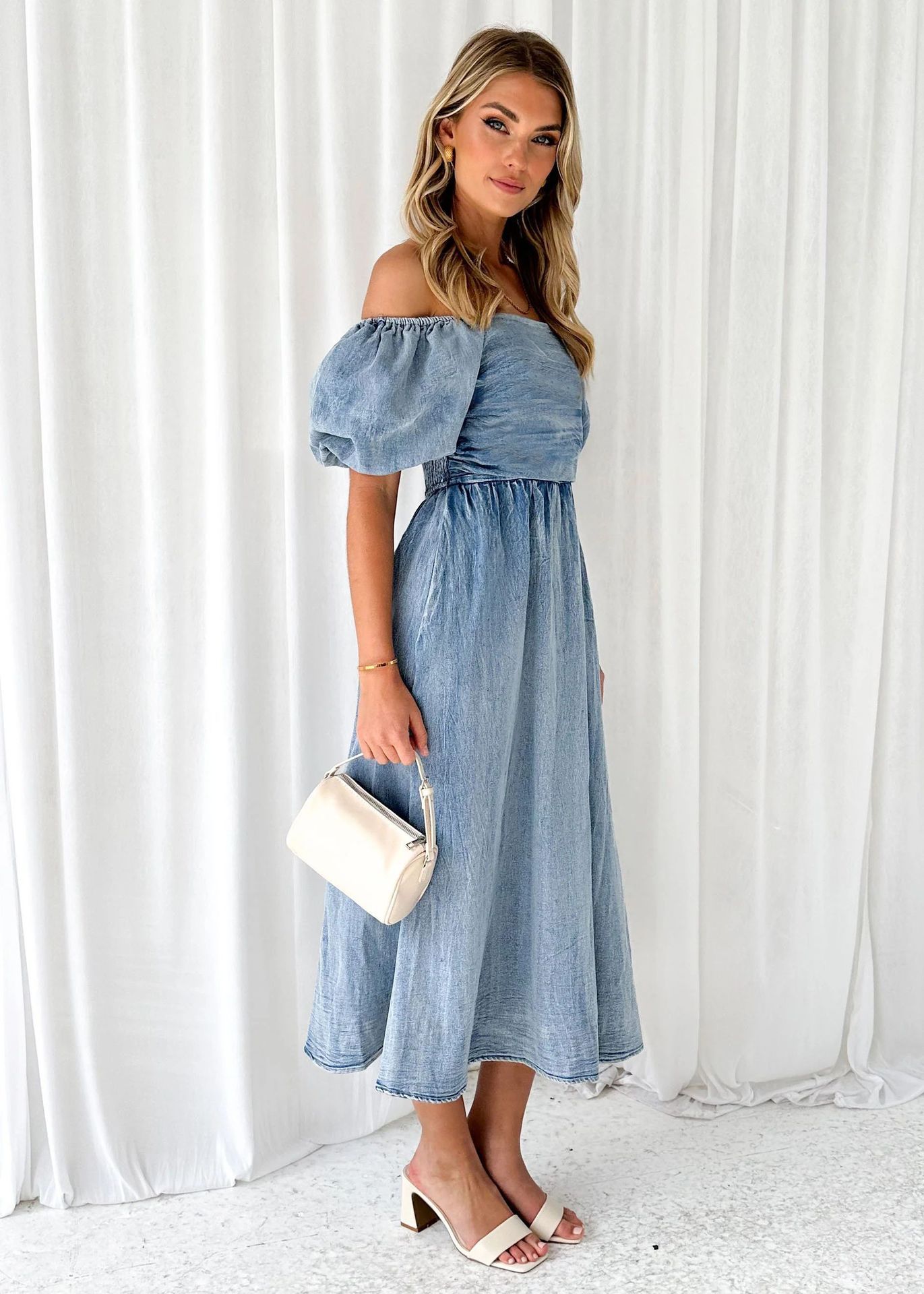 Puff Sleeve Waist-tight Denim Long Dress