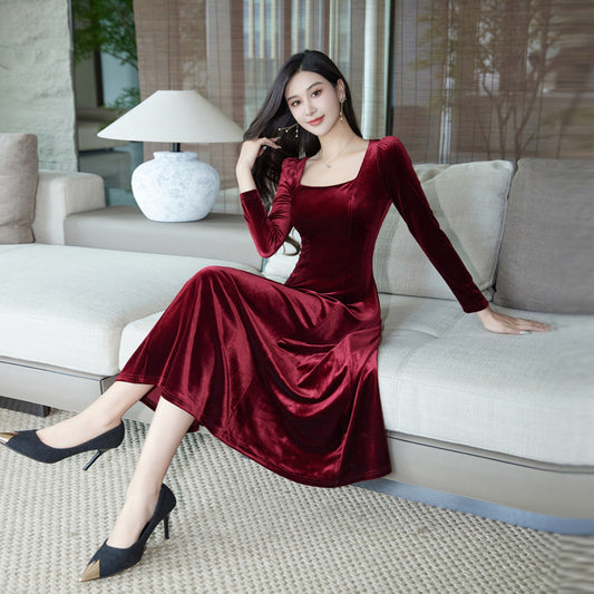 Women's Elegant Temperament Square Collar High-end Velvet Slim Fit Long Sleeve Dress