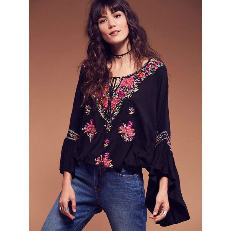 Women's Bohemian V-neck Lace-up Embroidered Top