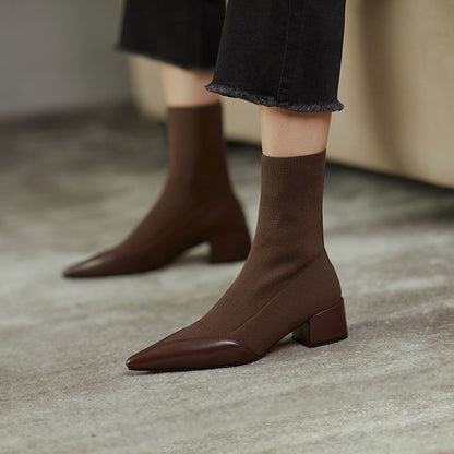 Botas de lana de moda para mujer, botas cortas con tacón grueso y puntiagudo