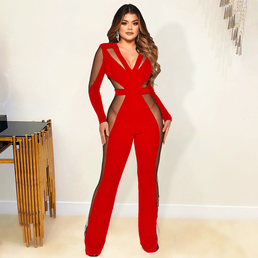 Women's Fashion Mesh Panel Jumpsuit Flared Pants