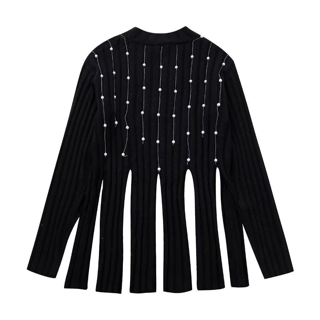 Women's Fashionable Pearl Decorated Tassel Sweater