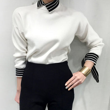 Slim-Fit Cuff Taped Striped Contrast Pullover Sweater Top