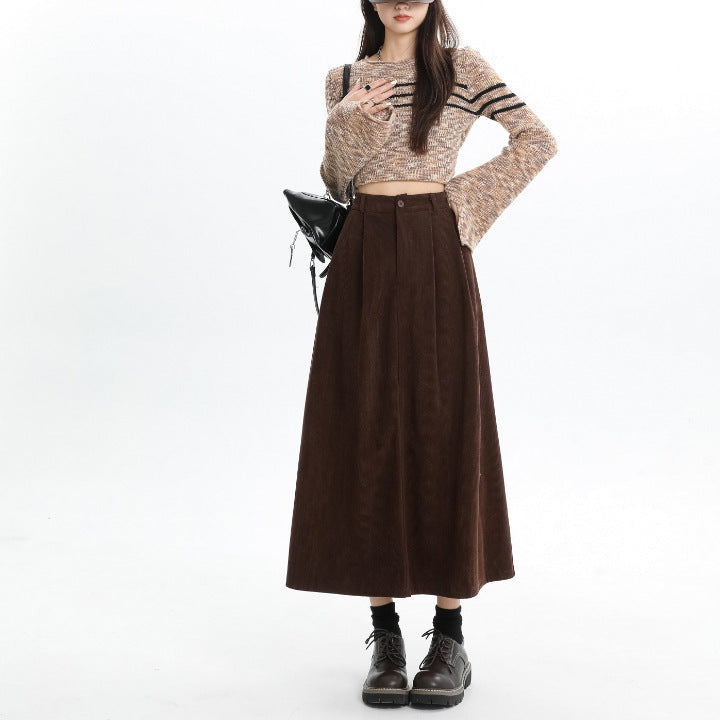 Brown Corduroy High Waist Skirt For Women