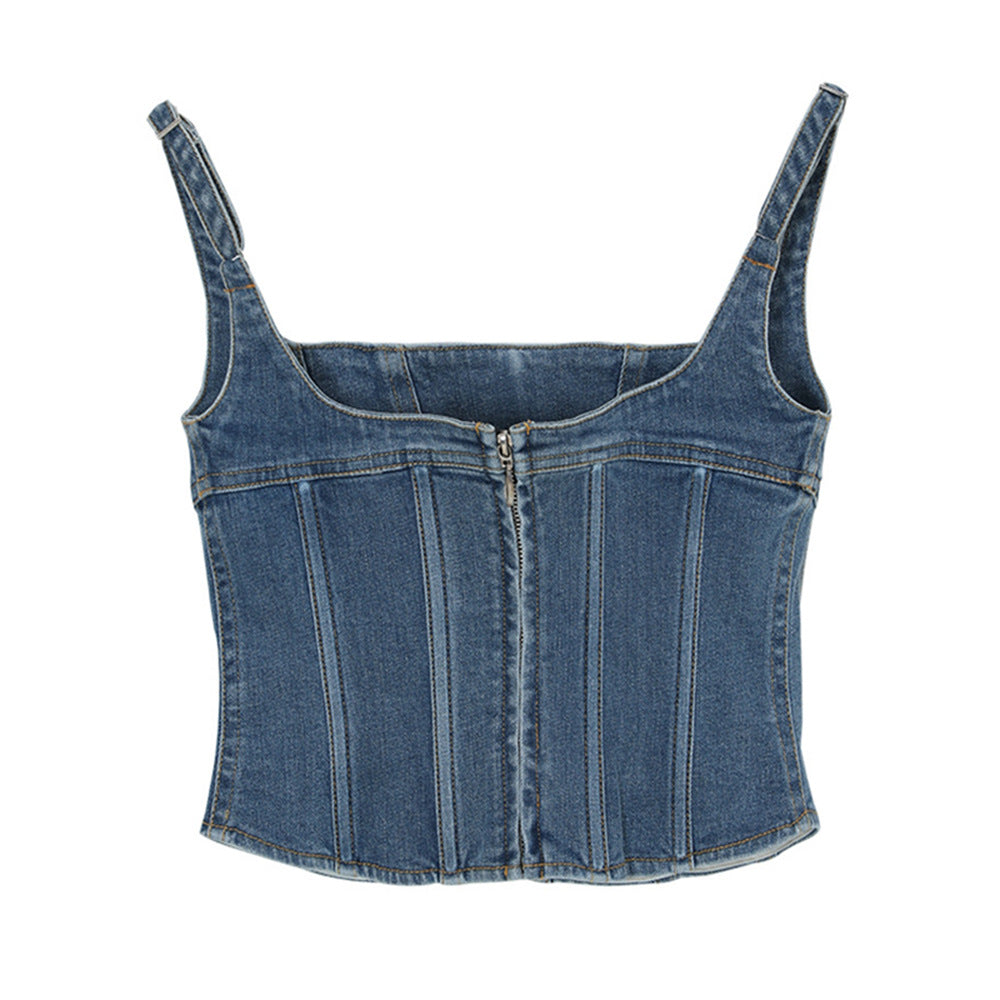 Débardeur en denim à panneau en maille pour femme