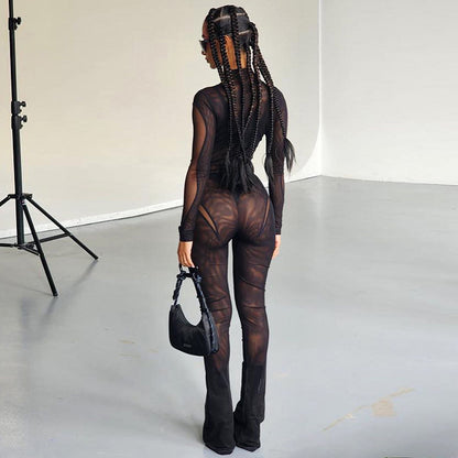 Women's Mesh Stitching Long Sleeves Jumpsuit Trousers Suit