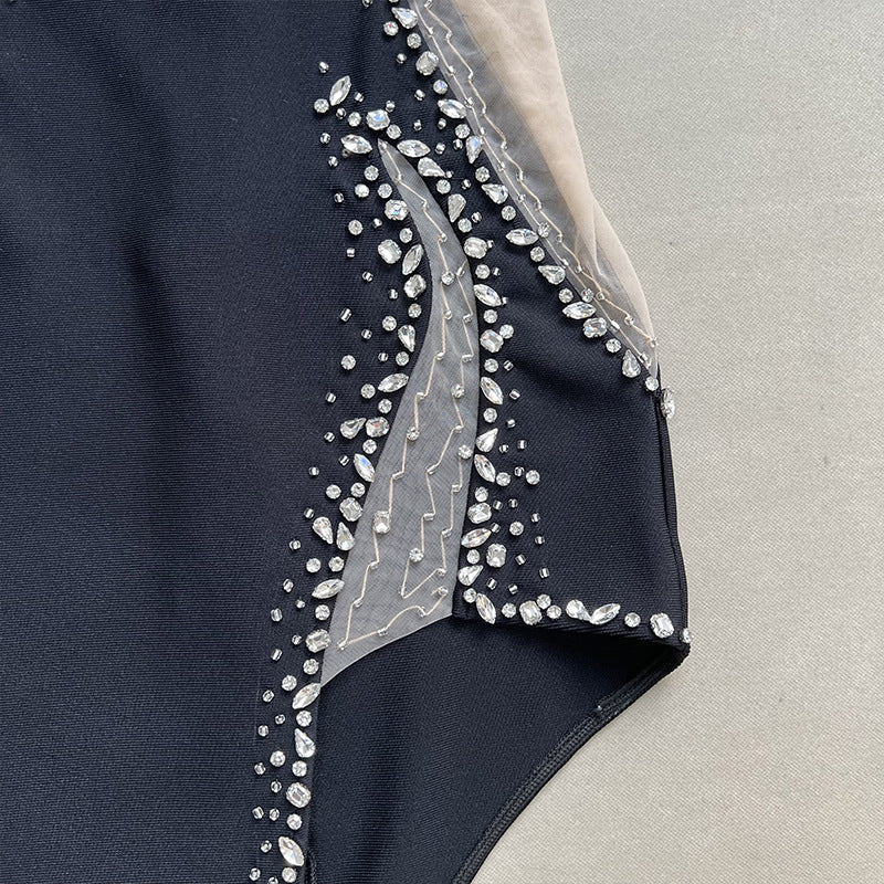 Vestido de diamante de corte bajo adelgazante de manga larga con burbujas de hombro elegante para mujer