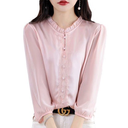 Ruffled Collar Solid Color Three-quarter Length Sleeve Shirt For Women