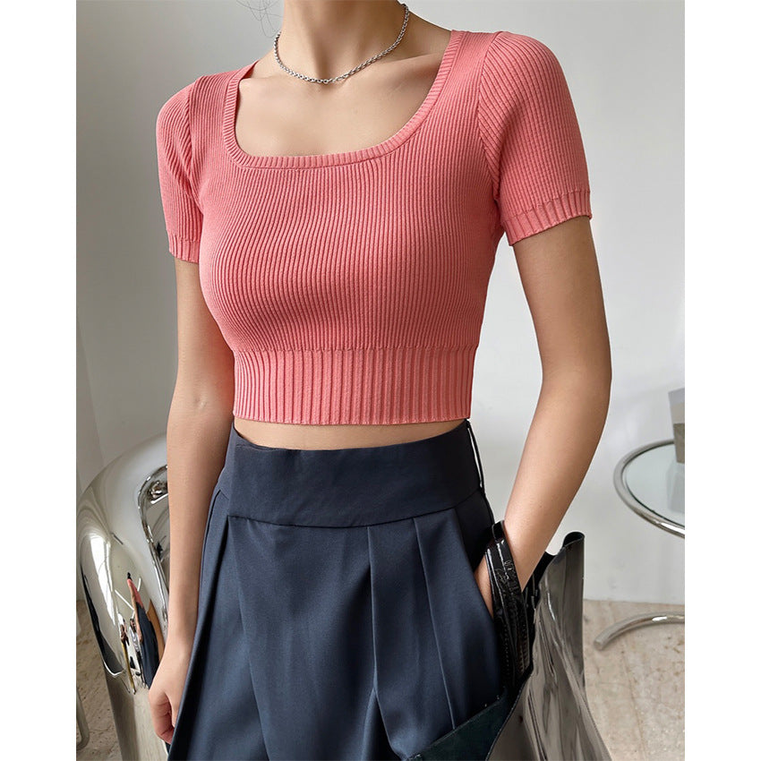 Bloggerstyle-Camiseta corta con cuello cuadrado para mujer, Top de punto de manga corta adelgazante para ombligo