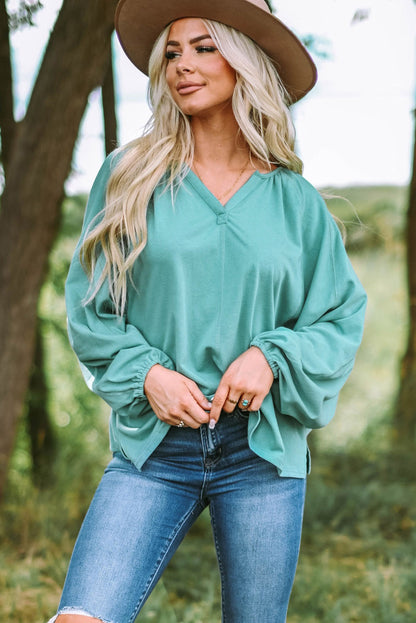 Notched Neck Balloon Sleeve Blouse