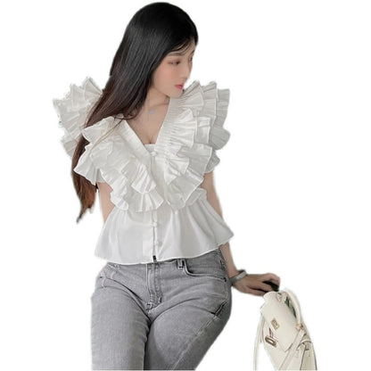 Ruffled V-neck French Shirt Women Retro Pleated Waist Slim Sleeveless Top