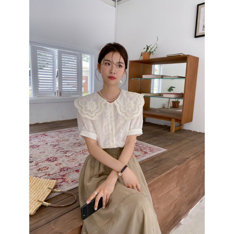 Korean Embroidery Age-reducing Lace Collar Short-sleeved Shirt