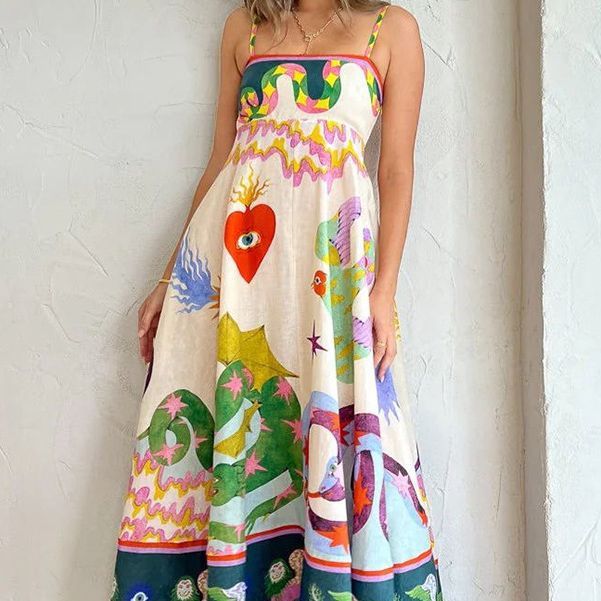 Vestido largo con estampado de moda para mujer, holgado, informal, sin mangas, con tirantes, con vuelo grande