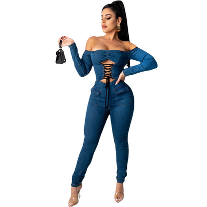 Women's One-piece Shoulder Strap Denim Jumpsuit