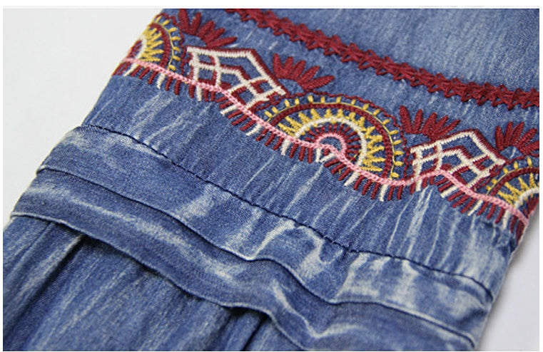 Lantern Sleeve Large Size Denim Shirt Retro Embroidery Strap Loose Long-sleeved Shirt Women