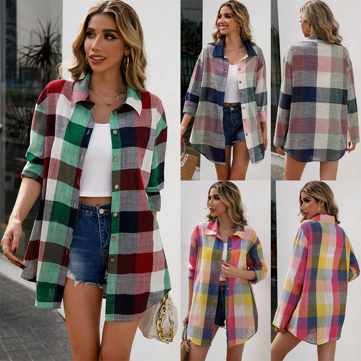 Loose Casual Colorful Plaid Midi Shirt Dress Top