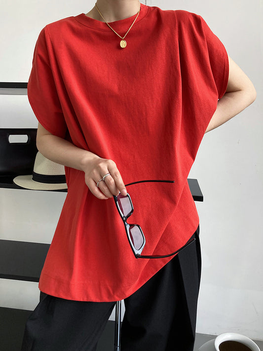 Round Neck Loose Solid Color Simple Dropped Shoulder Sleeve Short-sleeved T-shirt