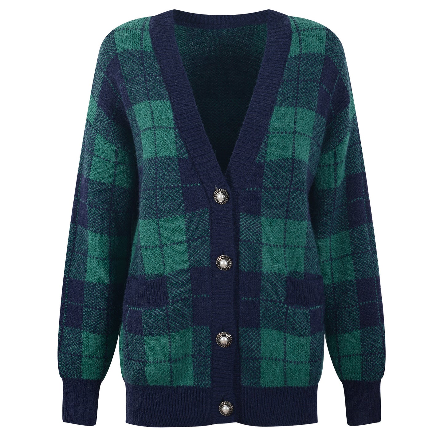 Green Plaid Mohair Women's Trendy Knit Cardigan