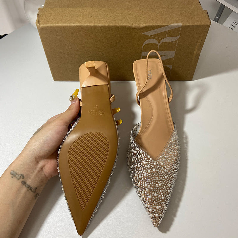 Sandalias con tira trasera y perlas decoradas con tacón de aguja puntiagudo a la moda para mujer