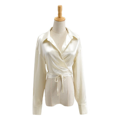 V-neck Wrap Bow Tie Satin Shirt Top