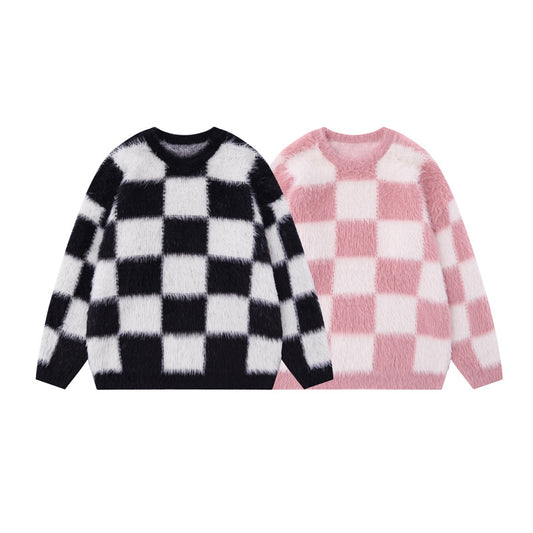 National Fashion Street Creativity Design Chessboard Round Neck Sweater