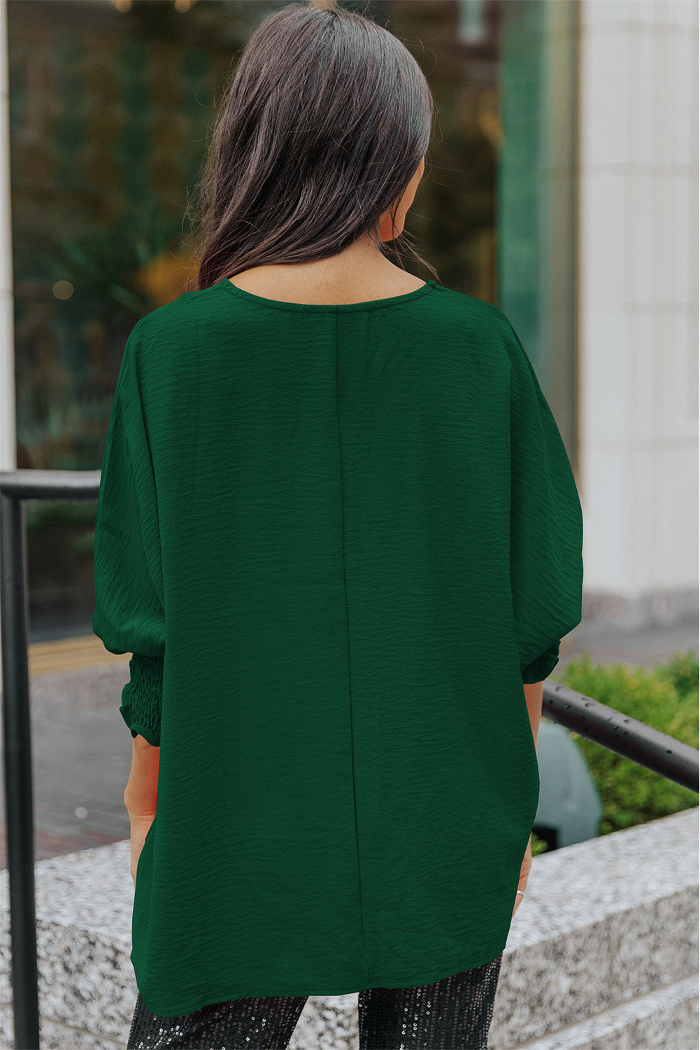 Green Casual Shirred Cuffs Half Sleeve Top