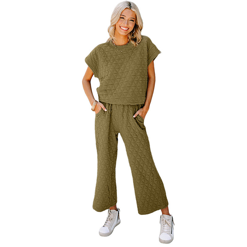 Solid Color Loose Leisure Suit Women's Three-quarter Sleeve Cropped Wide-leg Pants Two-piece Set For Women