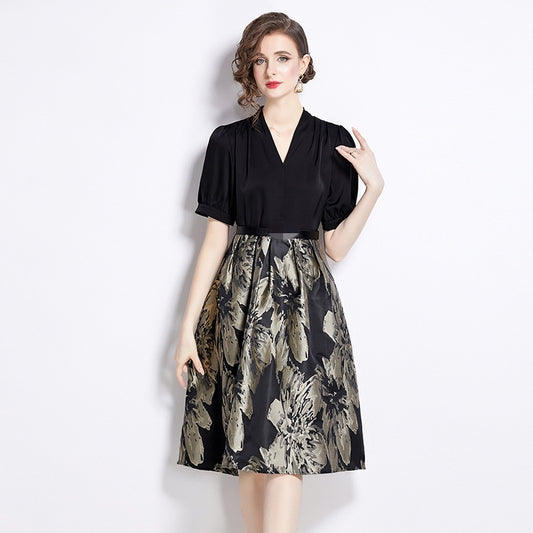 Sense French Light Socialite Stitching Jacquard Waist Dress