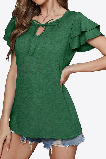 Tie-Neck Layered Flutter Sleeve Blouse